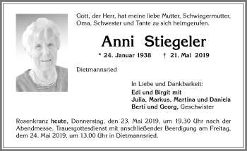 Traueranzeige von Anni Stiegeler von Allgäuer Zeitung,Kempten