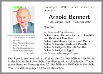 Traueranzeige von Arnold Bannert von Allgäuer Zeitung,Kempten