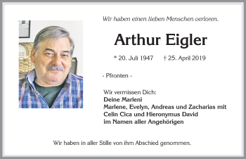 Traueranzeige von Arthur Eigler von Allgäuer Zeitung, Füssen