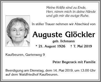 Traueranzeige von Auguste Glöckler von Allgäuer Zeitung, Kaufbeuren/Buchloe