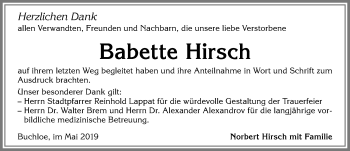 Traueranzeige von Babette Hirsch von Allgäuer Zeitung, Kaufbeuren/Buchloe