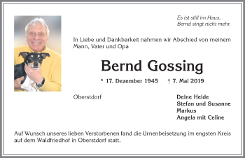 Traueranzeige von Bernd Gossing von Allgäuer Anzeigeblatt