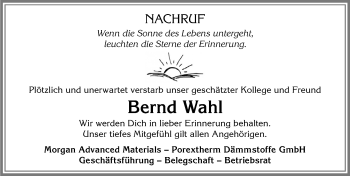 Traueranzeige von Bernd Wahl von Allgäuer Zeitung,Kempten