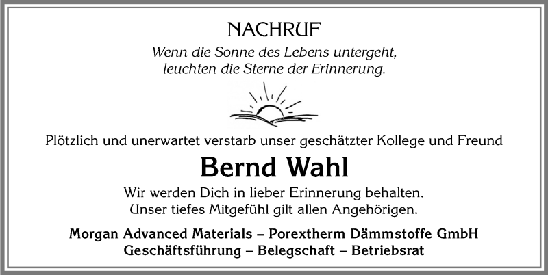  Traueranzeige für Bernd Wahl vom 22.05.2019 aus Allgäuer Zeitung,Kempten