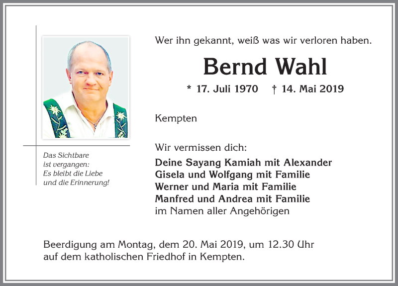  Traueranzeige für Bernd Wahl vom 18.05.2019 aus Allgäuer Zeitung,Kempten