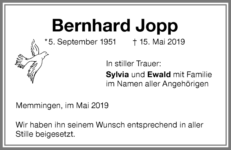  Traueranzeige für Bernhard Jopp vom 28.05.2019 aus Memminger Zeitung