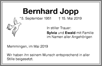 Traueranzeige von Bernhard Jopp von Memminger Zeitung