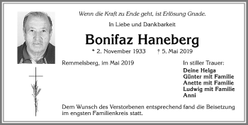 Traueranzeige von Bonifaz Haneberg von Allgäuer Zeitung, Marktoberdorf