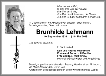 Traueranzeige von Brunhilde Lehmann von Memminger Zeitung