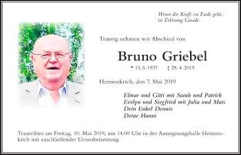 Traueranzeige von Bruno Griebel von Der Westallgäuer