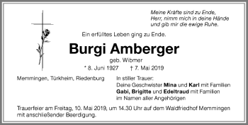 Traueranzeige von Burgi Amberger von Memminger Zeitung
