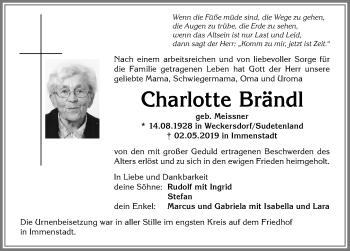 Traueranzeige von Charlotte Brändl von Allgäuer Anzeigeblatt