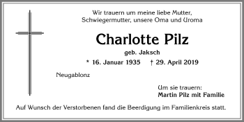 Traueranzeige von Charlotte Pilz von Allgäuer Zeitung, Kaufbeuren/Buchloe