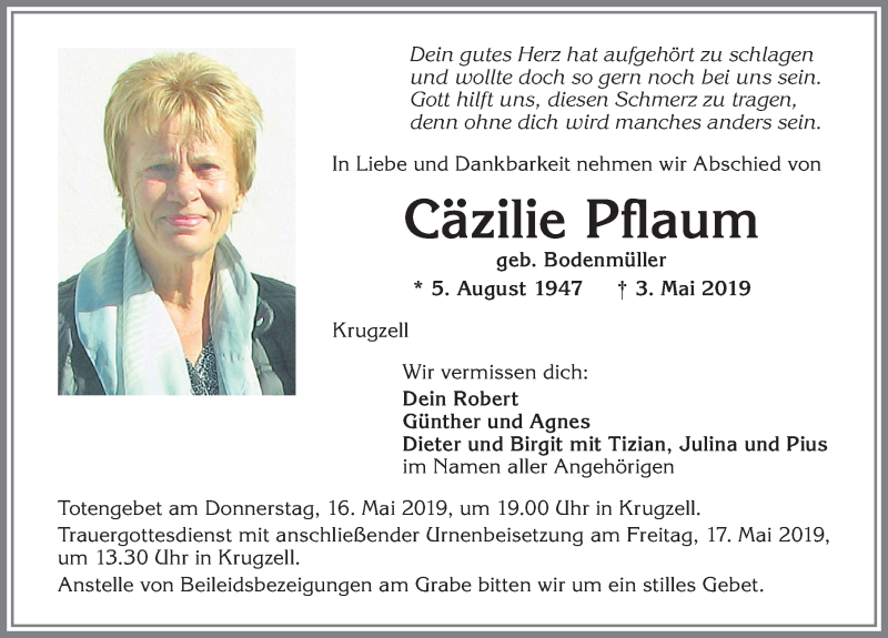 Traueranzeige für Cäzilie Pflaum vom 11.05.2019 aus Allgäuer Zeitung,Kempten