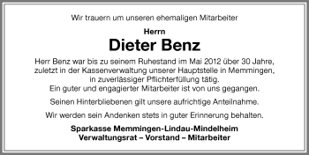 Traueranzeige von Dieter Benz von Der Westallgäuer