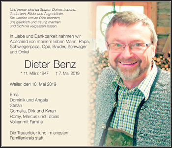 Traueranzeige von Dieter Benz von Der Westallgäuer