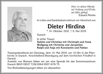 Traueranzeige von Dieter Hirdina von Allgäuer Zeitung,Kempten