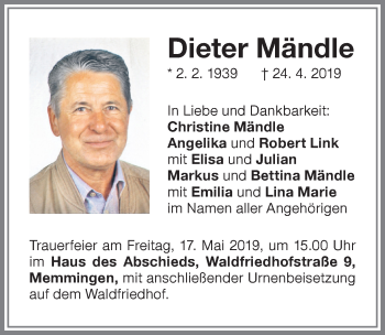 Traueranzeige von Dieter Mändle von Memminger Zeitung