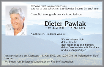 Traueranzeige von Dieter Pawlak von Allgäuer Zeitung, Kaufbeuren/Buchloe