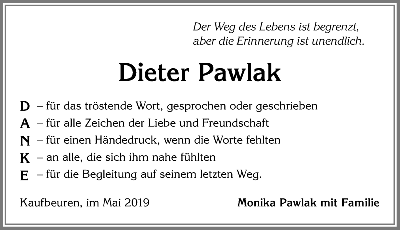  Traueranzeige für Dieter Pawlak vom 25.05.2019 aus Allgäuer Zeitung, Kaufbeuren/Buchloe