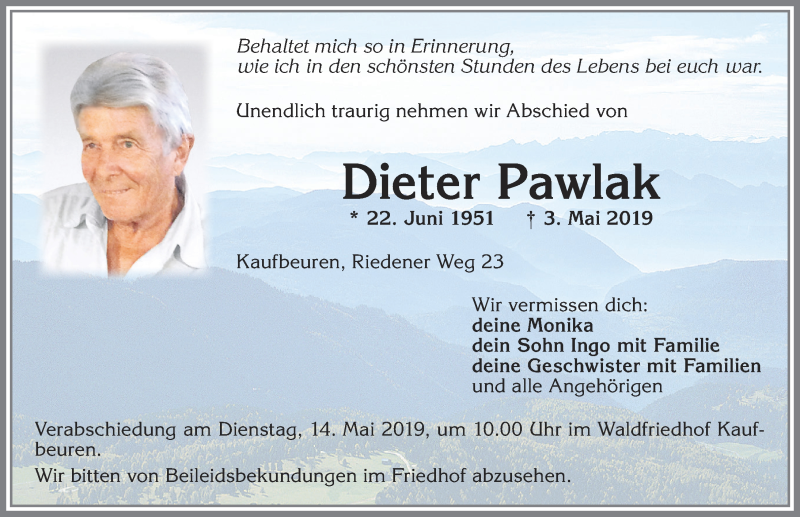  Traueranzeige für Dieter Pawlak vom 08.05.2019 aus Allgäuer Zeitung, Kaufbeuren/Buchloe