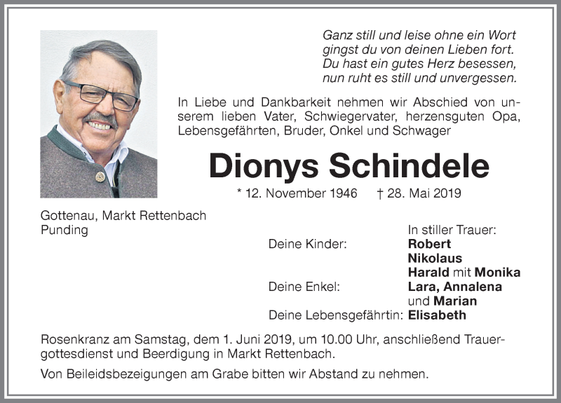  Traueranzeige für Dionys Schindele vom 31.05.2019 aus Memminger Zeitung