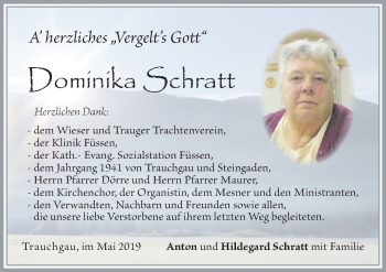 Traueranzeige von Dominika Schratt von Allgäuer Zeitung, Füssen