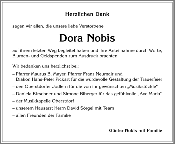 Traueranzeige von Dora Nobis von Allgäuer Anzeigeblatt