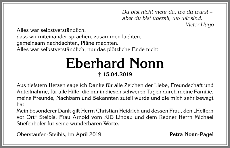  Traueranzeige für Eberhard Nonn vom 04.05.2019 aus Allgäuer Anzeigeblatt