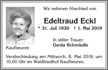 Traueranzeige von Edeltraud Eckl von Allgäuer Zeitung, Kaufbeuren/Buchloe