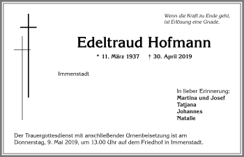 Traueranzeige von Edeltraud Hofmann von Allgäuer Anzeigeblatt
