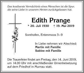 Traueranzeige von Edith Prange von Allgäuer Anzeigeblatt