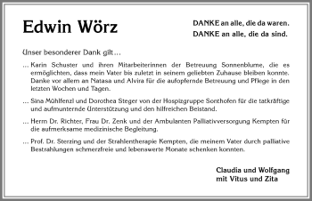 Traueranzeige von Edwin Wörz von Allgäuer Anzeigeblatt