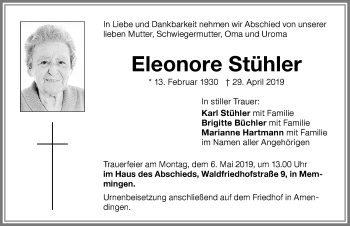 Traueranzeige von Eleonore Stühler von Memminger Zeitung