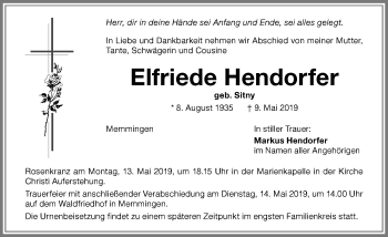 Traueranzeige von Elfriede Hendorfer von Memminger Zeitung