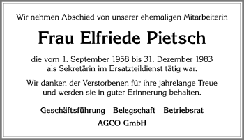 Traueranzeige von Elfriede Pietsch von Allgäuer Zeitung, Marktoberdorf