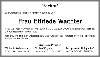 Traueranzeige von Elfriede Wachter von Allgäuer Zeitung, Füssen