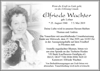 Traueranzeige von Elfriede Wachter von Allgäuer Zeitung, Füssen