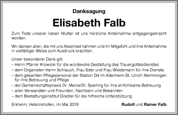 Traueranzeige von Elisabeth Falb von Memminger Zeitung