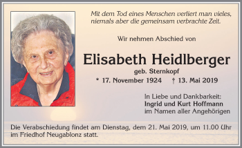 Traueranzeige von Elisabeth Heidlberger von Allgäuer Zeitung, Kaufbeuren/Buchloe