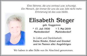 Traueranzeige von Elisabeth Steger von Allgäuer Zeitung, Marktoberdorf