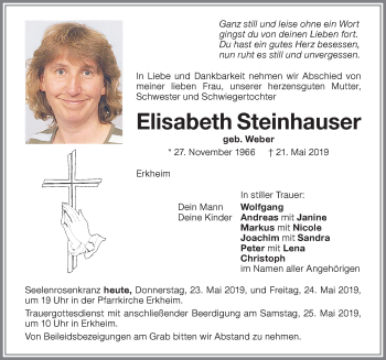 Traueranzeige von Elisabeth Steinhauser von Memminger Zeitung