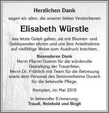 Traueranzeige von Elisabeth Würstle von Allgäuer Zeitung