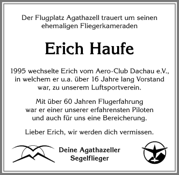 Traueranzeige von Erich Haufe von Allgäuer Anzeigeblatt