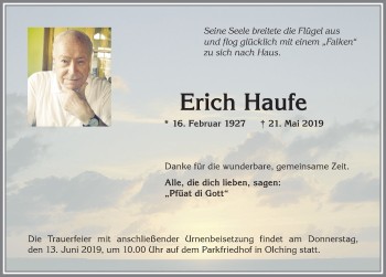 Traueranzeige von Erich Haufe von Allgäuer Anzeigeblatt