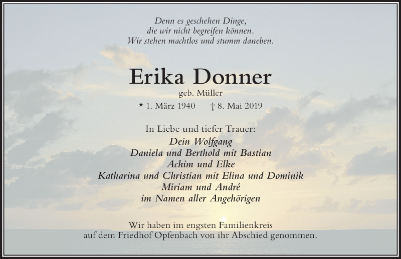  Traueranzeige für Erika Donner vom 18.05.2019 aus Der Westallgäuer
