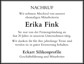 Traueranzeige von Erika Fink von Der Westallgäuer