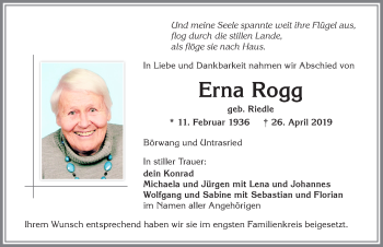 Traueranzeige von Erna Rogg von Allgäuer Zeitung,Kempten