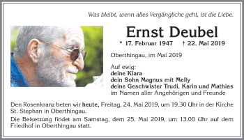 Traueranzeige von Ernst Deubel von Allgäuer Zeitung, Marktoberdorf