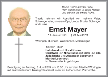 Traueranzeige von Ernst Mayer von Memminger Zeitung